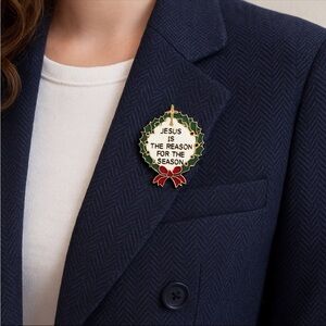 Vintage Jesus Is the Reason for the Season Brooch Pin Wreath Christmas Holiday